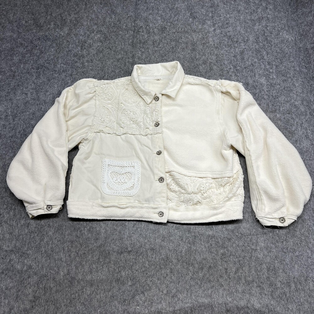 POL Jacket Womens L White Cream Lace Patchwork Button Boho Floral Cottagecore